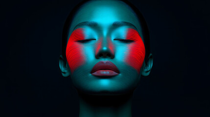 Naklejka premium Asian Face Profile in Blue and Red Lines