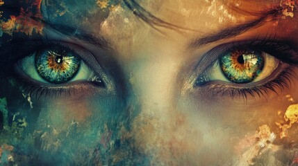 Naklejka premium Close-up of Two Green Eyes with Abstract Background