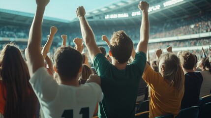 Excited crowd cheering during a sports event in a packed stadium on a sunny afternoon, capturing the energy of the moment