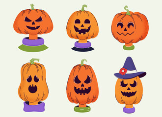 Set of sinister pumpkins with grain effect. Halloween. Hand drawn. Trendy doodle style. Vector. Horror. Trick or treat. Autumn. October 31st. Saints' Day. Flat. Twinkling holiday. Stickers and icons.