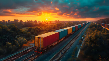Freight Train at Sunset with Colorful Containers - Realistic Image