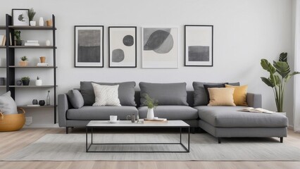 Minimalist Living Room with Grey Sectional Sofa and Abstract Artwork