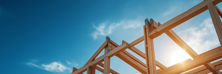 Wooden structure of a house under construction against the clear blue sky on a sunny day.