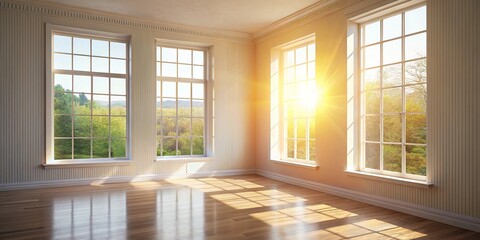 Soft, warm rays of sunlight illuminate a serene white room with a large window, casting a beautiful, subtle glow on a neutral background.