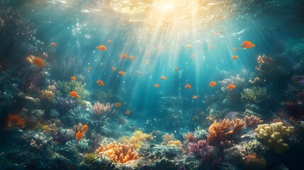 Obraz premium Underwater coral reef with colorful fish and sea life, a vibrant marine landscape. An ocean underwater scene with sunlight filtering through the water