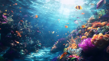 Naklejka premium Underwater coral reef with colorful fish and sea life, a vibrant marine landscape. An ocean underwater scene with sunlight filtering through the water