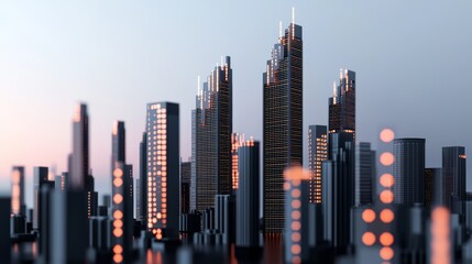 Fototapeta premium A futuristic city skyline with digital stock tickers scrolling across the buildings, representing a financial hub of the future, 3D illustration