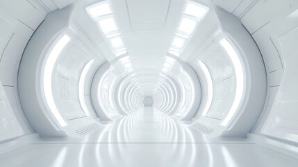 3D rendering of a white abstract sci fi tunnel featuring a futuristic spaceship corridor