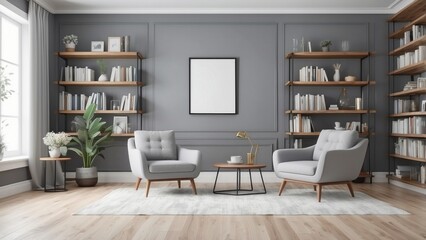 Modern Living Room with Two Armchairs and Bookshelves