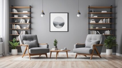 Fototapeta premium Modern living room with two grey armchairs, bookshelves, and a framed picture.