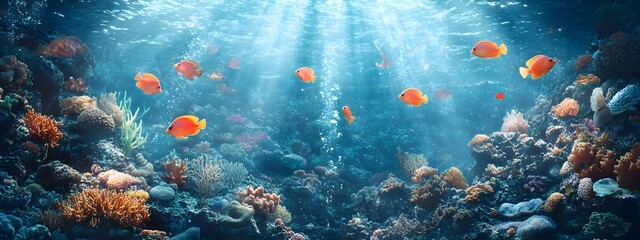 Underwater coral reef with colorful fish and sea life, a vibrant marine landscape. An ocean underwater scene with sunlight filtering through the water