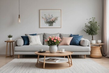 Naklejka premium Modern living room with grey sofa, coffee table, and pink flowers
