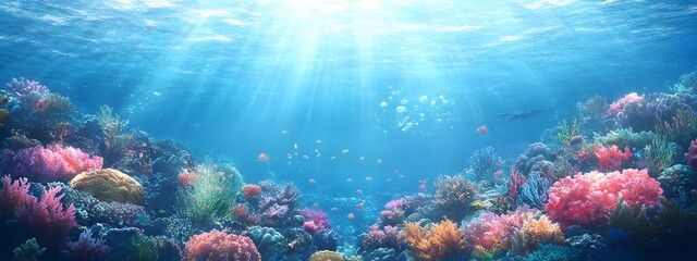 Underwater coral reef with colorful fish and sea life, a vibrant marine landscape. An ocean underwater scene with sunlight filtering through the water