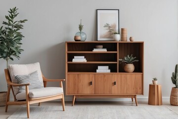 Mid-Century Modern Living Room with Wooden Cabinet, Armchair, and Plants