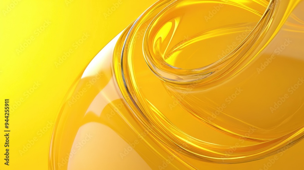 Poster abstract circular glass shapes and curves set against a yellow background rendered in 3d digital ill