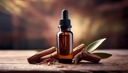 sandalwood essential oil in a dark glass bottle