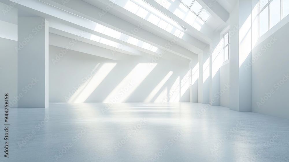 Poster abstract empty interior scene featuring a white room with beams and gentle lighting created using di