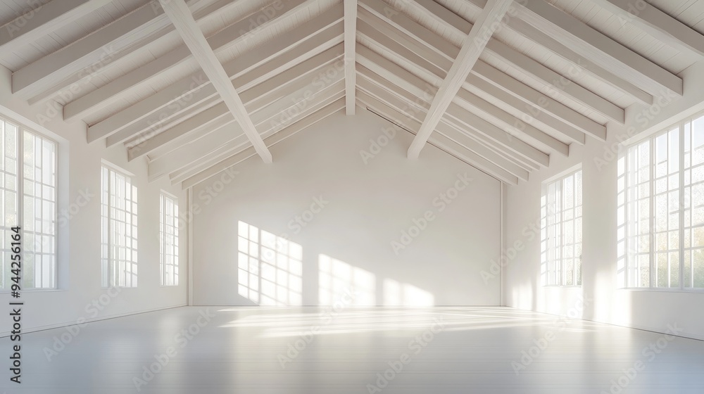 Poster abstract empty interior scene featuring a white room with beams and gentle lighting created using di