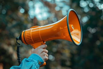 Hand Holding a Bright Orange Megaphone Against a Blurred Natural Background