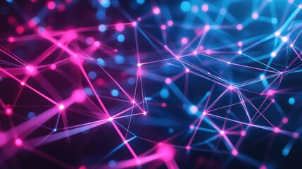 Obraz premium Abstract geometric neon background in 3D render showcasing future network technology concepts with dynamic glowing lines in a dark setting Ideal for modern wallpaper use