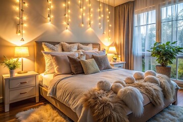 Softly lit bedroom with a comfortable bed, fluffy pillows, and serene ambiance, evoking a sense of relaxation and rejuvenation for a restful and peaceful slumber.