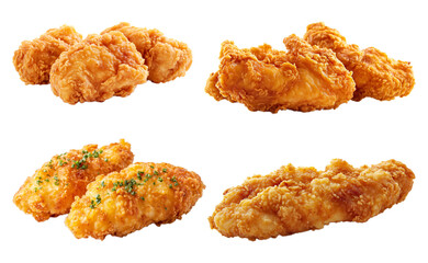 Fried chicken nuggets isolated on a white background. Set.