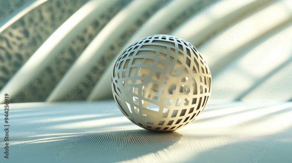 Poster abstract spherical object with geometric backdrop rendered in 3d
