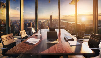 Modern meeting room with city views.
