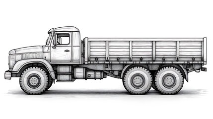 Fototapeta premium Sketch of a large truck with a flatbed, drawn in pencil on a white background.