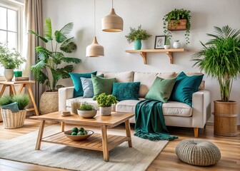 Obraz premium Soothing teal throw pillows adorn a cozy living room with natural wood accents, lush greenery, and creamy whites, exuding warmth and inviting relaxation.