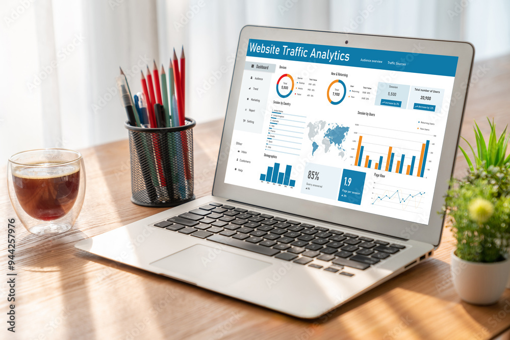 Poster computer software for website traffic analytics data on computer screen. concept of seo search engin