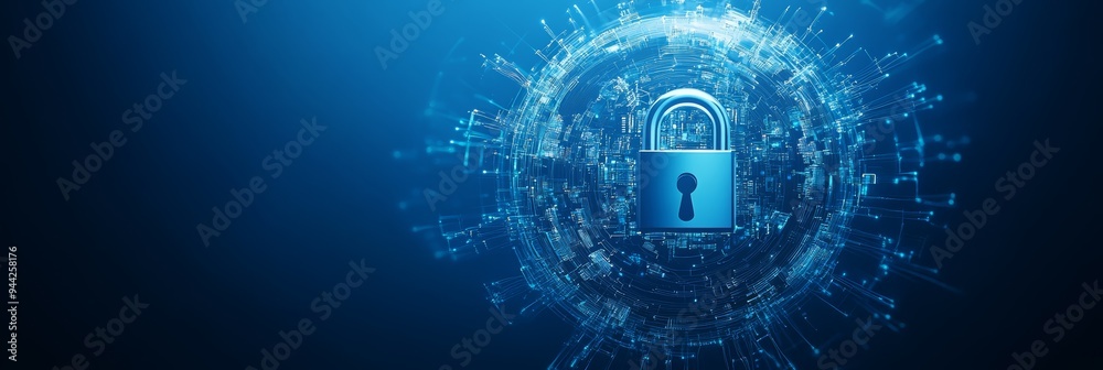Aufkleber Digital lock with secure network connections in a blue digital sphere. Cybersecurity and data protection concept.