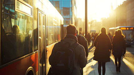 People boarding a bus with morning sunlight, Monday morning, commuting and routine