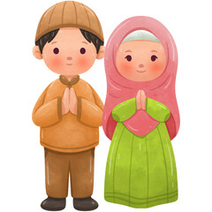 Muslim kids Saying Greetings Watercolor
