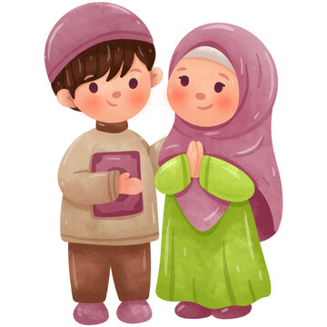 Muslim kids With Books And Love Watercolor