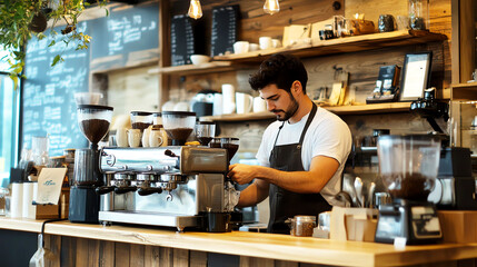 Fototapeta premium Coffee shop barista making a latte, Monday morning, welcoming and warm