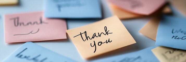 Close-up of thank you sticky notes in vibrant colors, depicting gratitude and a sense of personal touch.
