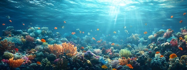 Underwater coral reef with colorful fish and sea life, a vibrant marine landscape. An ocean underwater scene with sunlight filtering through the water