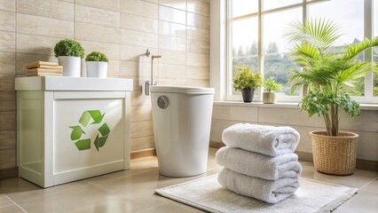 Sparkling clean bathroom with modern fixtures, fluffy towels, and a wastebasket with a recycling symbol, conveying a sense of hygiene and eco-friendliness in a cozy residence.