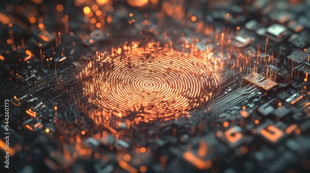 Poster Glowing fingerprint on circuit board representing biometric security and digital encryption.