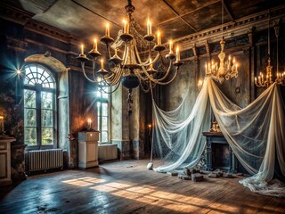 Spooky abandoned mansion interior with cobweb-covered chandeliers, worn velvet drapes, and flickering candelabras casting eerie shadows on worn stone walls and creaky wooden floors.