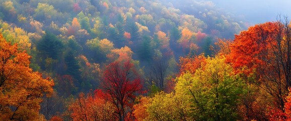 Misty Fall Foliage in a Colorful Forest.