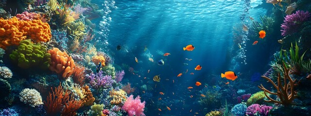 Underwater coral reef with colorful fish and sea life, a vibrant marine landscape. An ocean underwater scene with sunlight filtering through the water