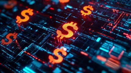 Digital currency symbols, futuristic banking interface, 3D illustration