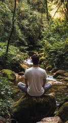 Fototapeta premium Serenity in Nature People Meditating by a Tranquil Forest Stream
