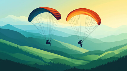 Naklejka premium people paragliding above green hills, high angle view. Active lifestyle, adventure. Flying high above green hills or mountains. 