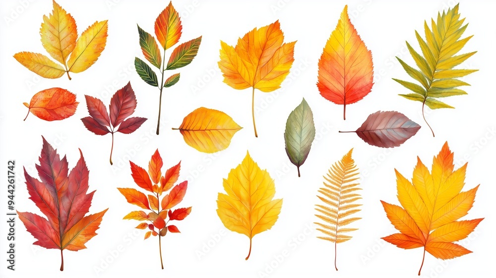 Wall mural Autumn leaves of various shapes and colors displayed against a white background capturing the essence of fall foliage