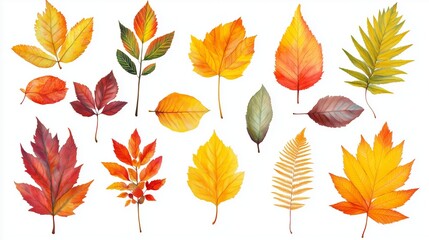 Obraz premium Autumn leaves of various shapes and colors displayed against a white background capturing the essence of fall foliage