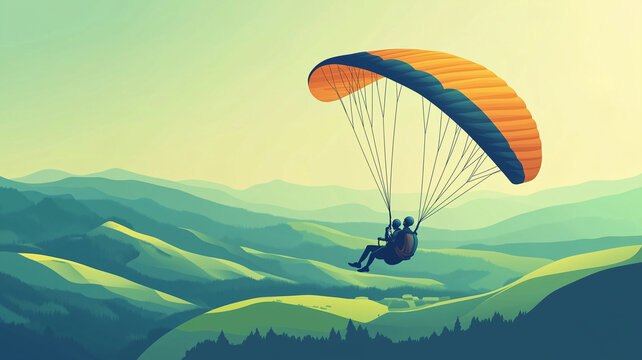 people paragliding above green hills, high angle view. Active lifestyle, adventure. Flying high above green hills or mountains. 