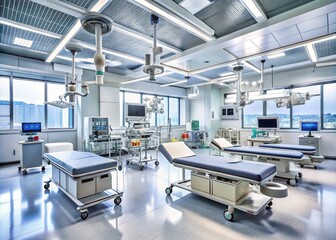State-of-the-art healthcare facility with stainless steel medical equipment, hospital beds, and monitored systems, capturing the essence of modern medical technology and precision.